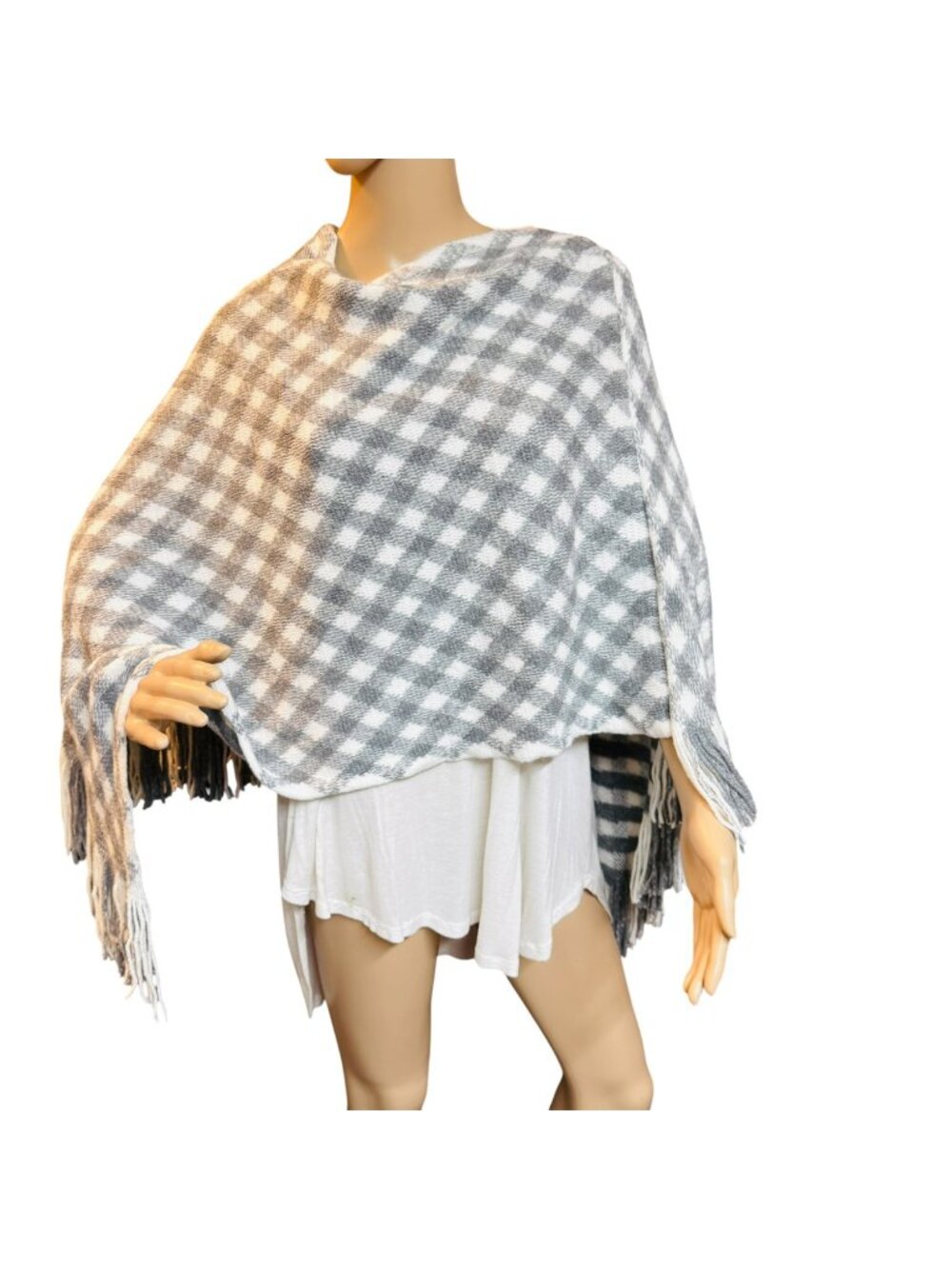 Gray & White Gingham Poncho With Fringe Trim - Cozy Winter Shawl Wrap